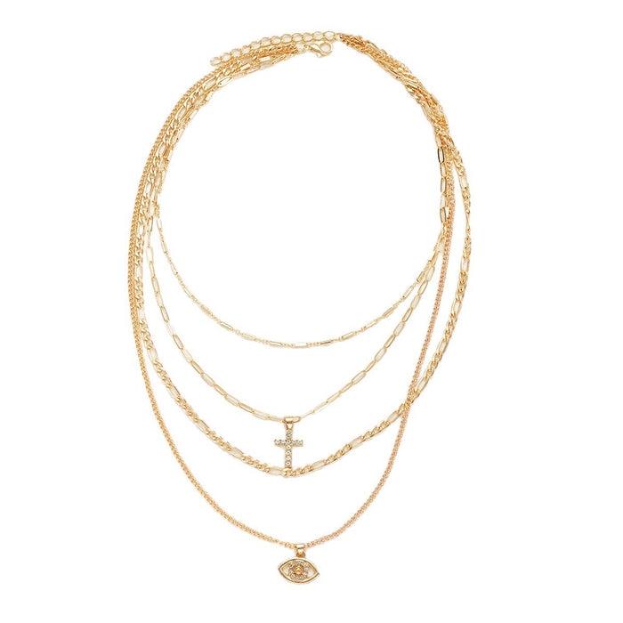 Wholesale Diamond studded Devil's Eye Cross Necklace Set, 4-piece Set