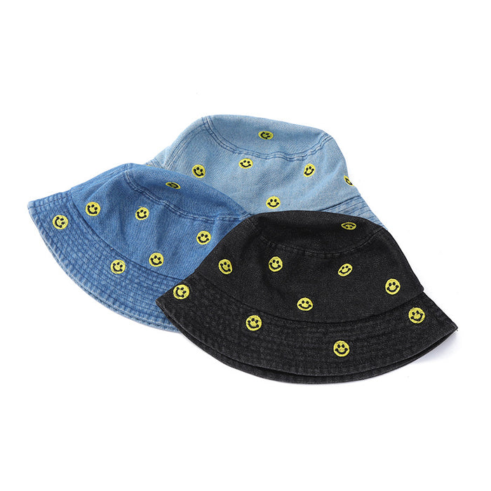 Wholesale Blue Fisherman Hat Embroidered Smiley Face Versatile Sun Protection Hat