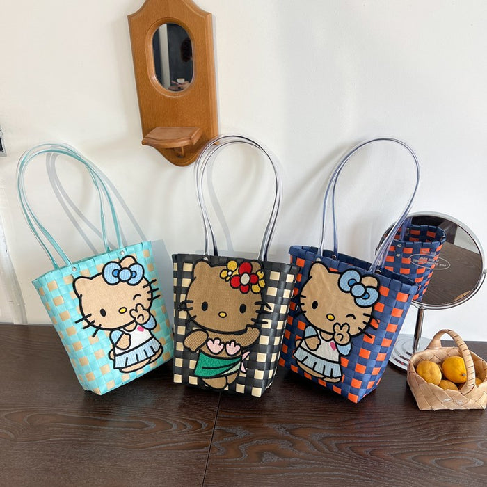 Wholesale Small Fresh Plastic Woven Armpit Bag Kt Cat Plastic Woven Handmade Bag Shopping Versatile Woven Bag DIY Handmade Bag