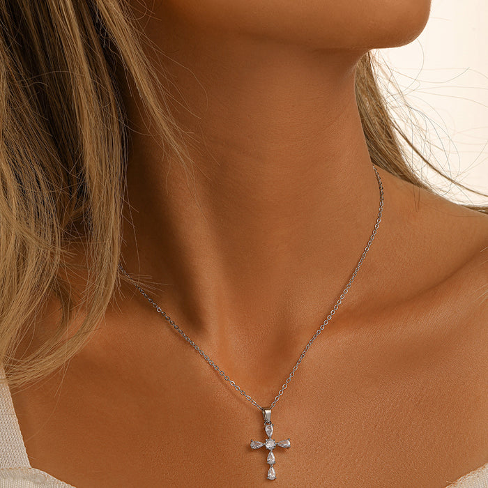 Wholesale Fashionable, trendy, personalized, versatile copper micro inlaid cross, water droplet inlaid diamond necklace accessory
