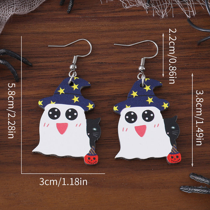 Wholesale  Pumpkin Black Cat Ghost Pendant Earrings Wooden Gothic Double-sided Ear Jewelry