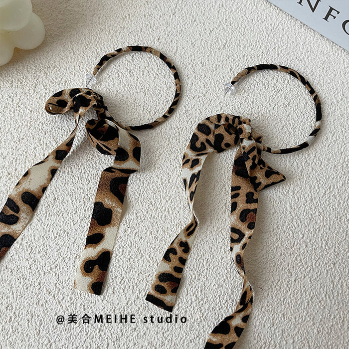 Wholesale Exaggerated Leopard Ribbon Earrings Strap Large Circle Long Earrings