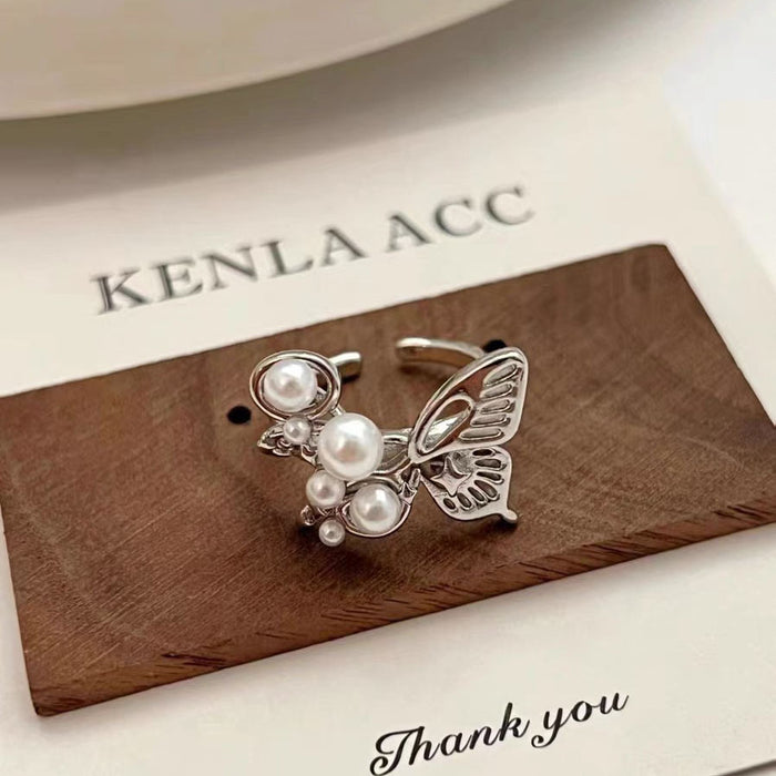 Wholesale Sweet butterfly ring, gentle and elegant temperament, pearl opening ring, fashionable layering