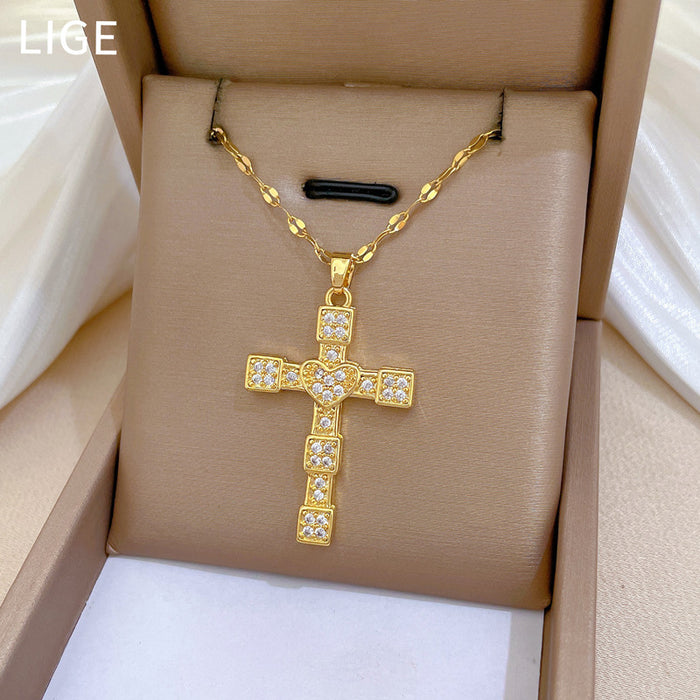 Wholesale Cross Full Diamond Titanium Steel Necklace JDC-NE-LiGe015