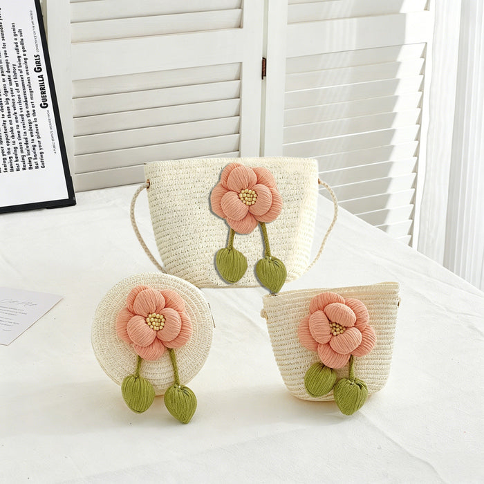 Wholesale Handwoven Paper Beach Bag Pink Camellia-Milky White Cute Style