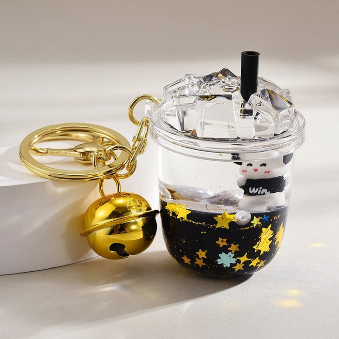 Wholesale Black and gold glitter bottle milk tea cup oil-filled acrylic keychain