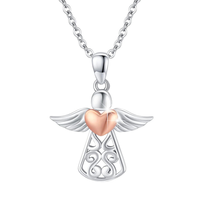 Wholesale Heart shaped two tone angel wing necklace, retro personalized angel pendant necklace