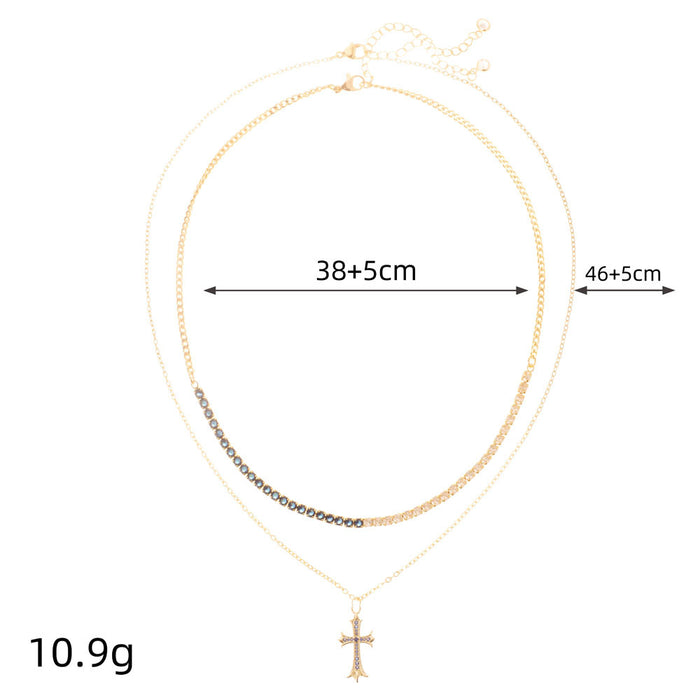 Wholesale Double color fashion versatile double cross pendant necklace exquisite diamond cross pendant chain