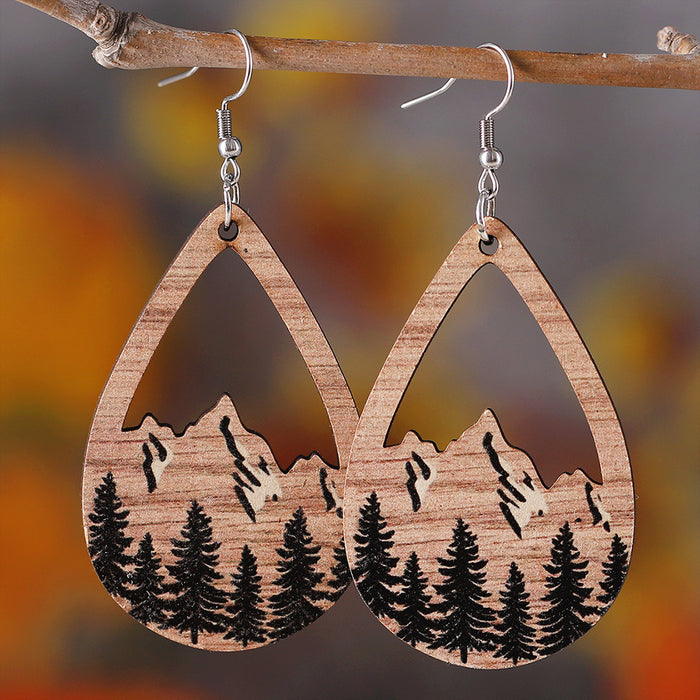 Wholesale Western style mountain pine wood water drop pendant earrings double-sided hollow ear jewelry party gift