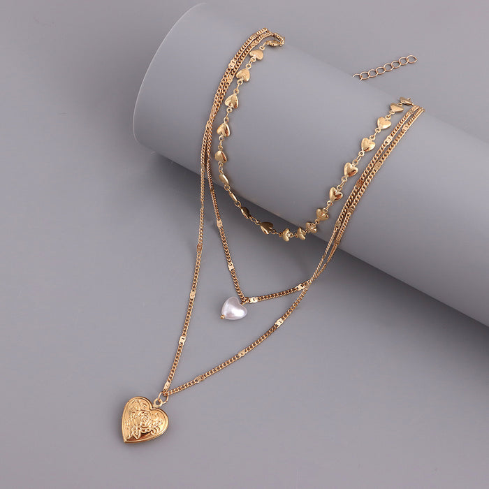 Wholesale Temperament multi-layer heart chain pearl openable heart pendant necklace for women