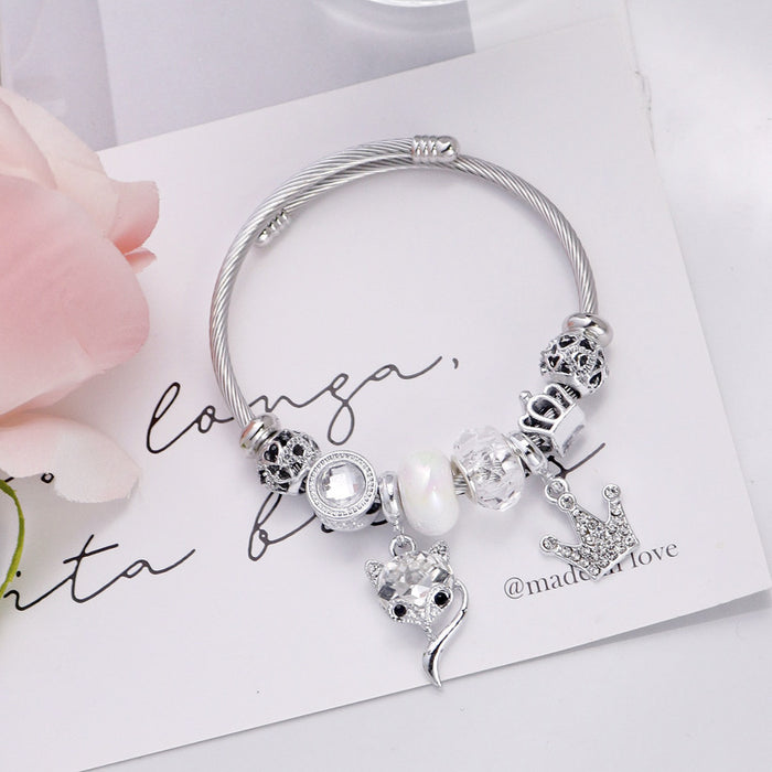 Wholesale Fox Crown Pendant Crystal Beaded Bracelet Women Stainless Steel Fashion Accessory Gift