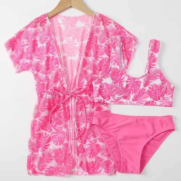 Wholesale Children's split swimsuit with waist cinching, sun protection print, girls' swimsuit