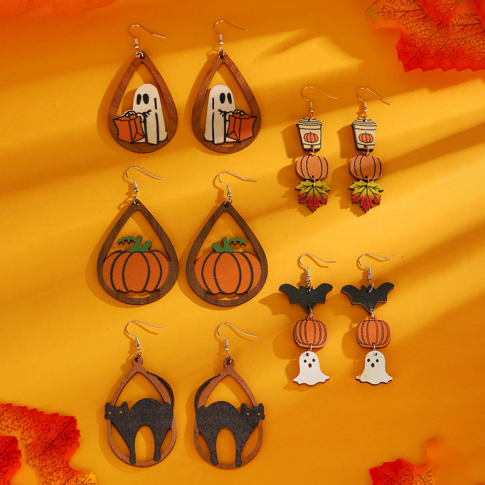 Wholesale  Gothic Black Cat Ghost Pumpkin ing Triple Pendant Earrings Wooden Funny Earrings