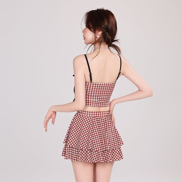 Wholesale Thousand Bird Grid Large Bow Split Swimsuit Skirt Swimsuit Swimsuit