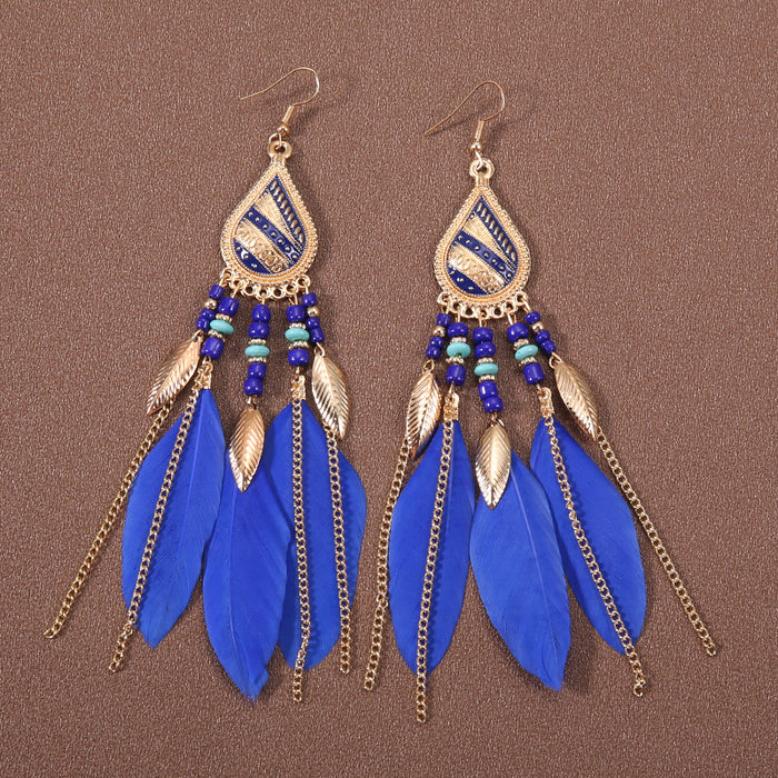 Wholesale Alloy Bohemian Feather Tassel Long Earrings JDC-ES-Gumi004