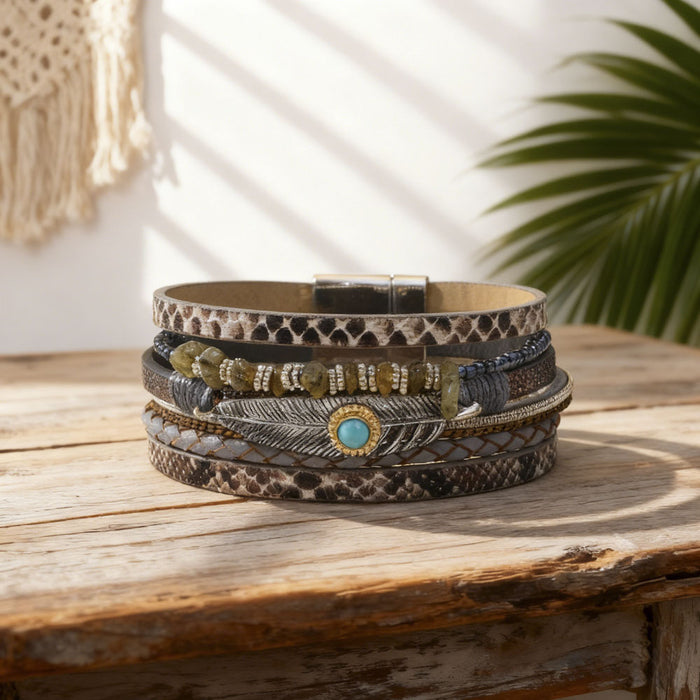 Wholesale Leather Bohemian Turquoise Bracelet with Leopard Print