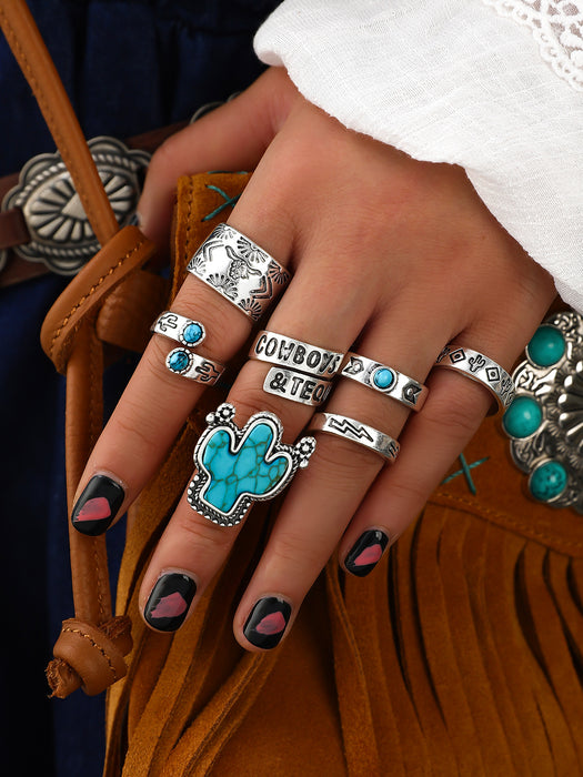 Wholesale Retro Bohemian turquoise cactus carved multi-piece suit ring