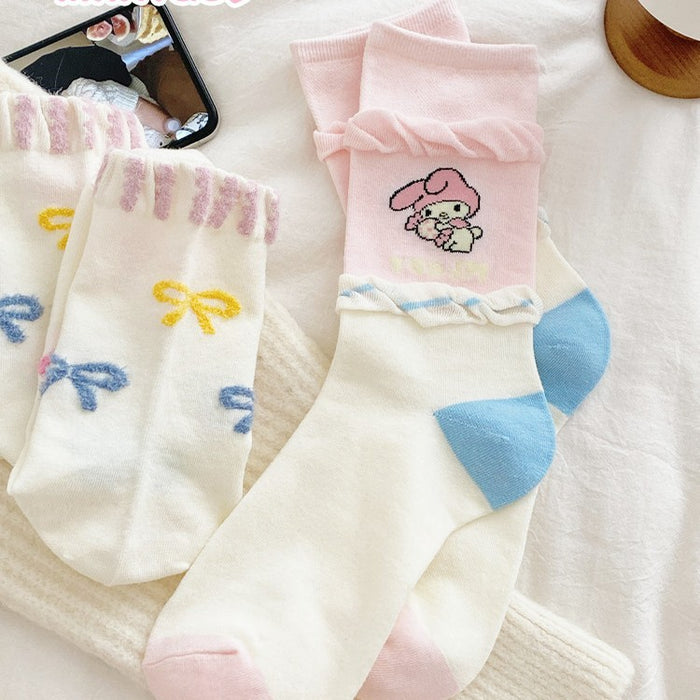 Wholesale Butterfly knot splicing plush socks with cartoon middle tube, cute for students