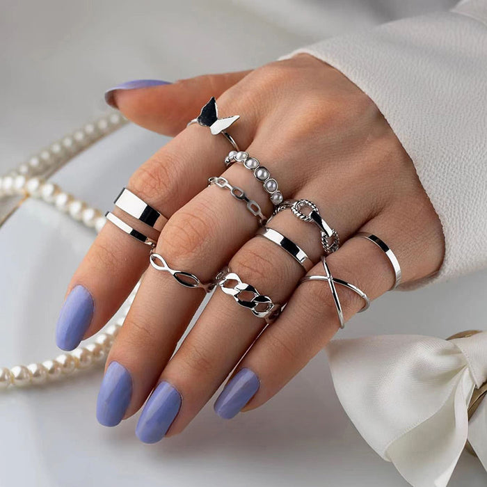 Wholesale Jewelry Simple Pearl Ring Butterfly Alloy Ring Set 10 Piece Set Batch