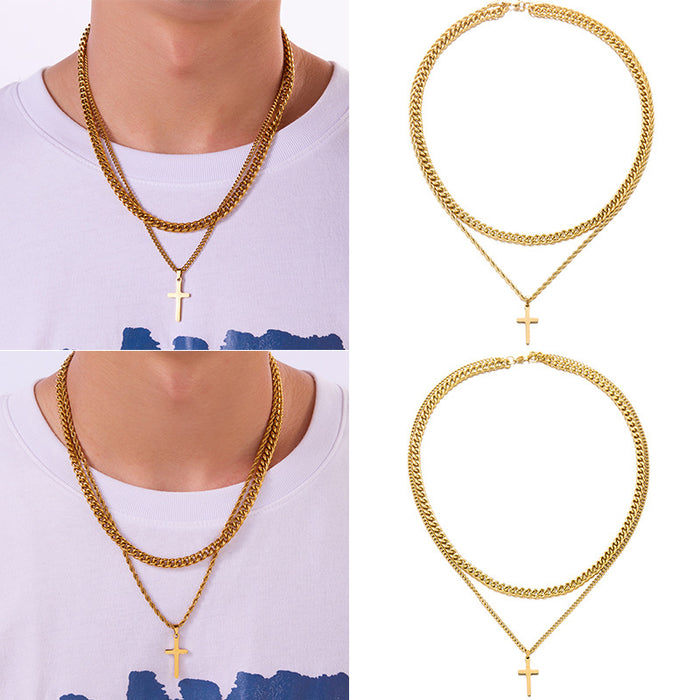 Wholesale Stainless steel double cross necklace men' s titanium steel Cuban chain necklace