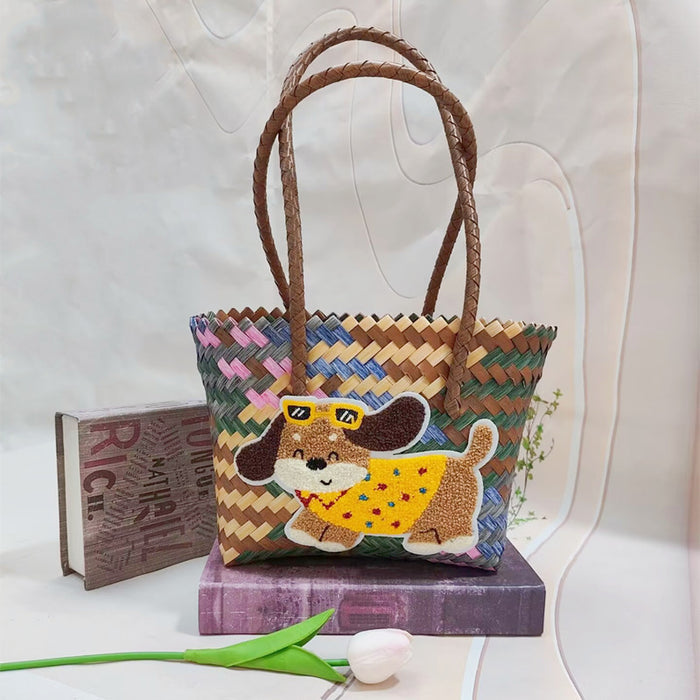 Wholesale Cute Cartoon Rags Woven Bag Imitation Straw Woven Bag Seaside Shoulder Handbag