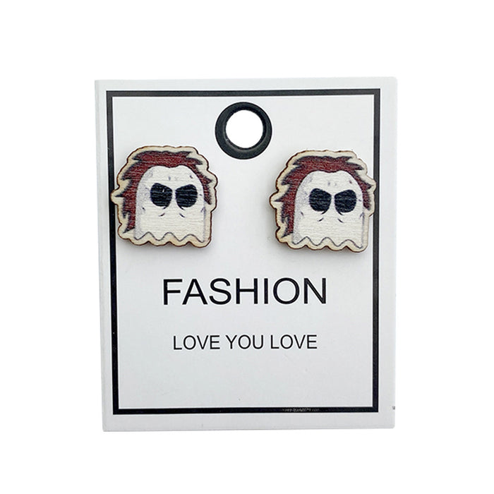 Wholesale  wooden stud earrings horror character Wood printed lightweight earrings funny classic