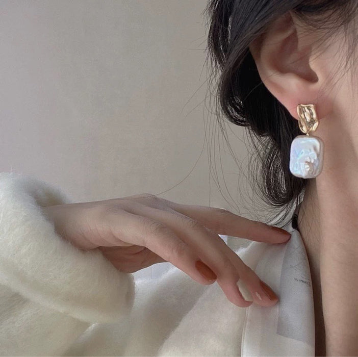 Wholesale Earrings Natural Freshwater Pearl Square Earrings s925 Silver Needle Simple Earrings