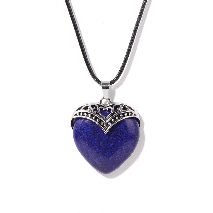 Wholesale Heart shaped pendant necklace with stone beads and tiger' s eye adjustable leather cord