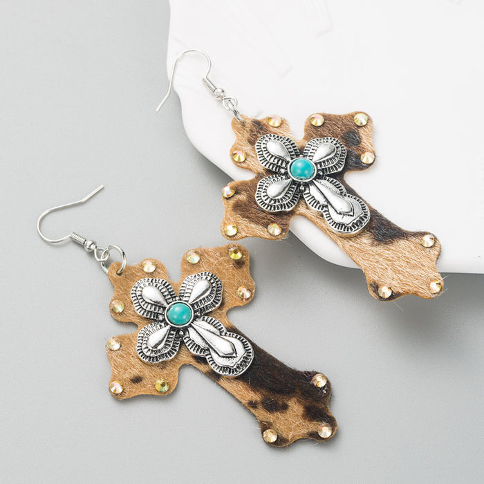 Wholesale Leopard print leather cross turquoise statement earrings