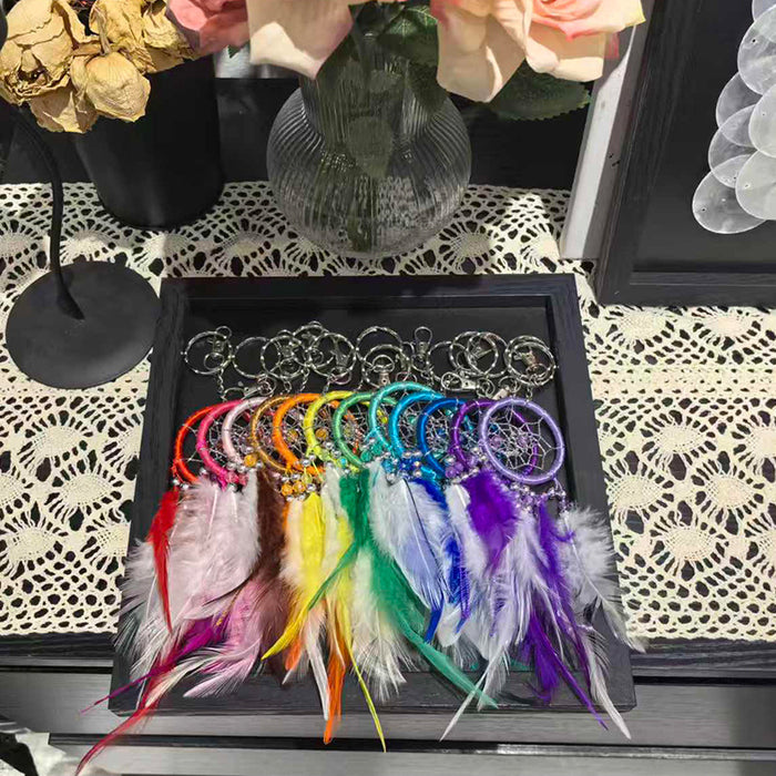 Wholesale Handmade Red Feather Dreamcatcher Keychain Nordic Style Couple Gift