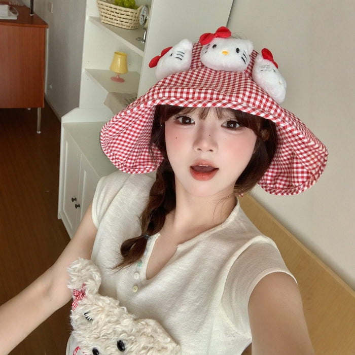 Wholesale Leisure red checkered basin hat with large brim for sun protection, cute cartoon fisherman hat