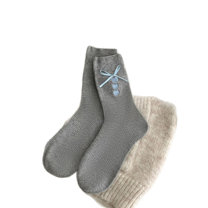 Wholesale Grey socks embroidered with heart, mid tube socks, blue ribbon, bow, stacked socks