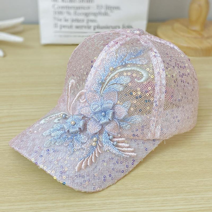 Wholesale Sequin mesh hollow breathable sun protection duck tongue sun hat nail bead lace flower sun protection baseball cap
