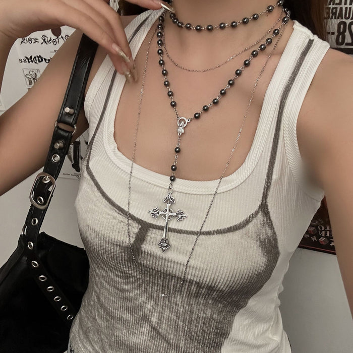 Wholesale Cross bead necklace, multi-layer stacked heavy industry long sweater, chain punk niche design accessory