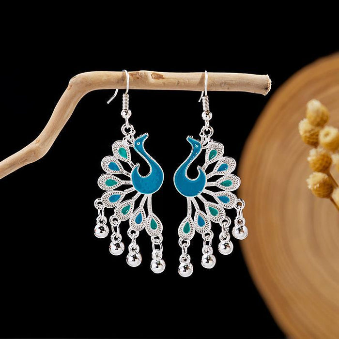 Wholesale Cloisonne Peacock earrings  silver minority totem Phoenix bell earrings