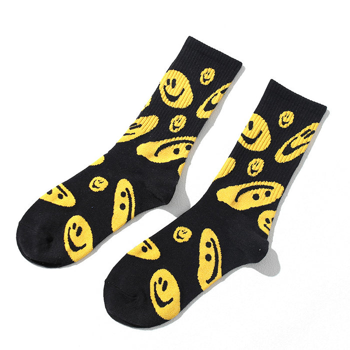 Wholesale Smiling face socks, street skateboarding socks, mid length socks, cotton socks, socks