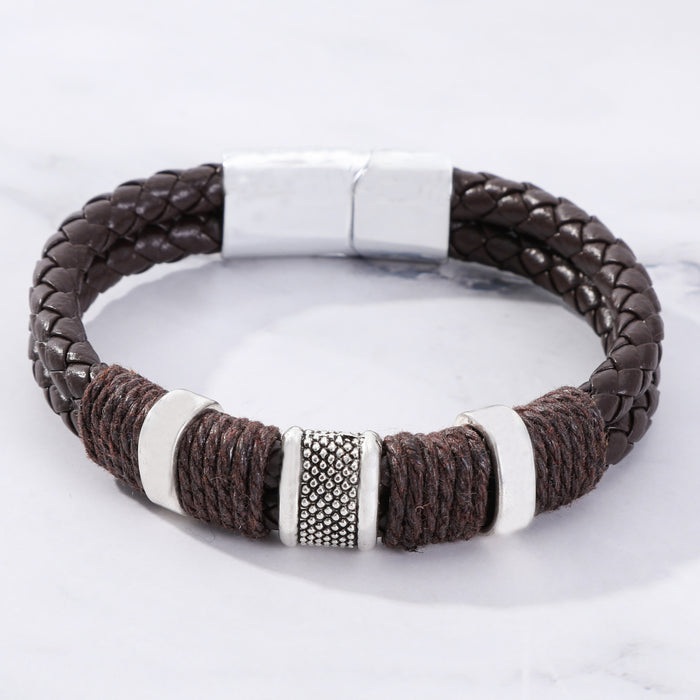 Wholesale Hand string double-layer retro alloy cowhide woven bracelet, fashionable men's leather magnetic buckle bracelet