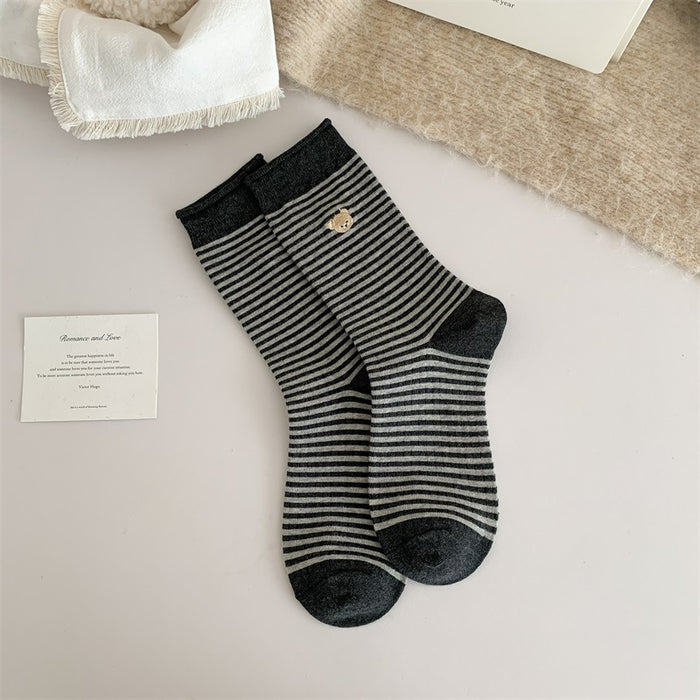 Wholesale Mid length socks, cotton socks, rolled edge striped pile socks, embroidered long socks