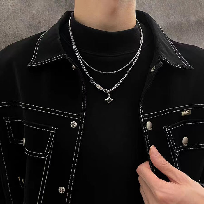 Wholesale Men's light luxury niche design sense hip hop style couple boys female clavicle chain titanium steel Awn star double-layer necklace