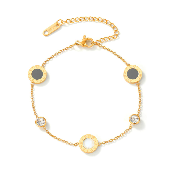Wholesale 2pcs Roman numeral round pendant,  black and white mother-of-pearl,  diamond-encrusted titanium steel bracelet