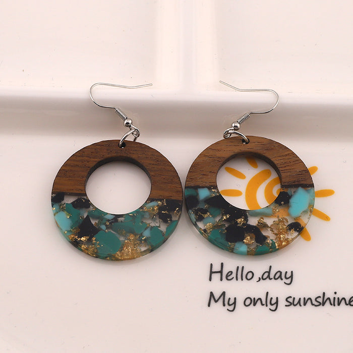 Wholesale Round Hollow Resin Crushed Natural Stone Gold Foil Wooden Earrings JDC-ES-Dagou002