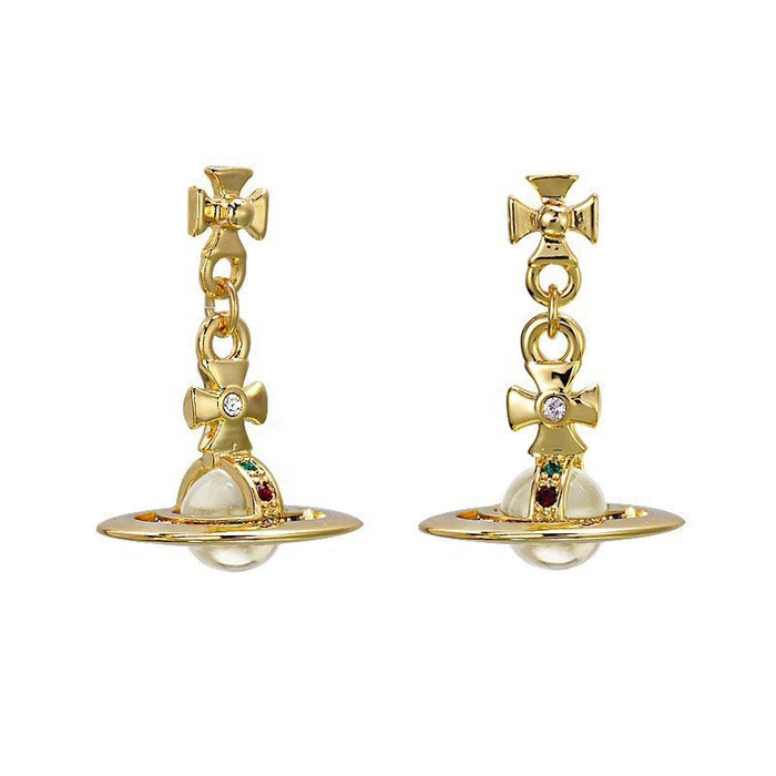 Wholesale UFO-engraved Saturn gold and silver teardrop pearl earrings