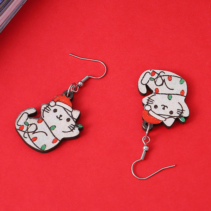 Wholesale Christmas Lights Cat Pendant Wooden Earrings