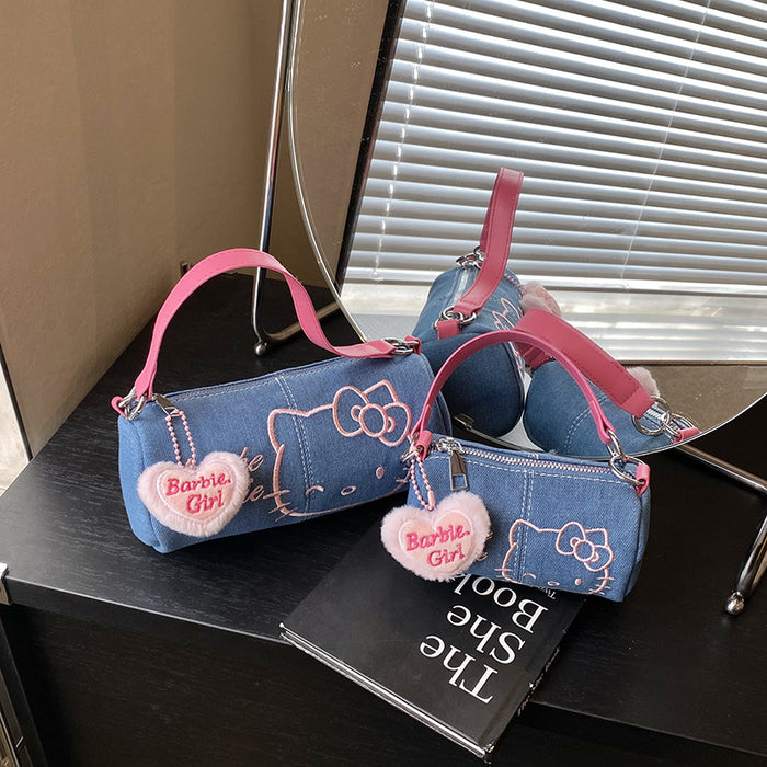 Wholesale Denim Canvas Embroidered Bag  Cute Mobile Phone Bag Crossbody Cylinder Bag