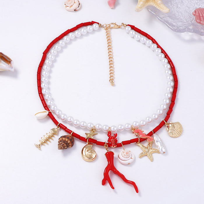 Wholesale Imitation Pearl Double Layer Stacked Wear Starfish Necklace