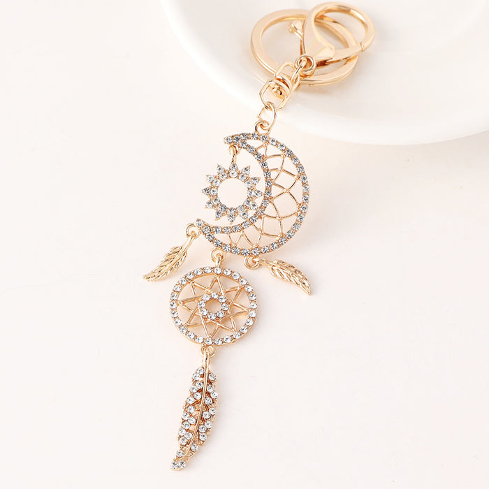 Wholesale Rhinestone Moon Dream Catcher Keychain Bag Charm Alloy Pink Car Accessory Gift MOQ≥2