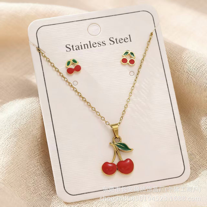 Wholesale 18K Gold Cherry Stainless Steel Earring and Necklace Set