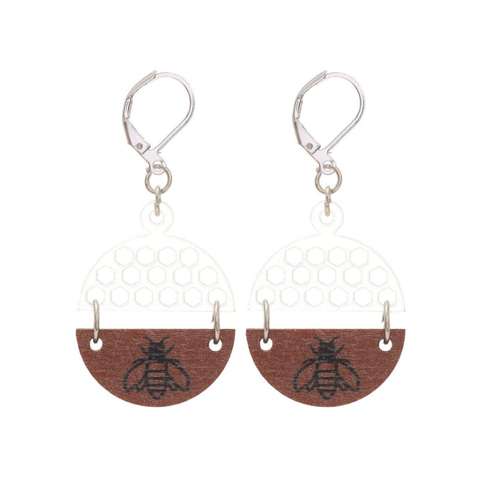 Wholesale Star Bee Print Hollow Moon Wooden Earrings JDC-ES-YiTian004