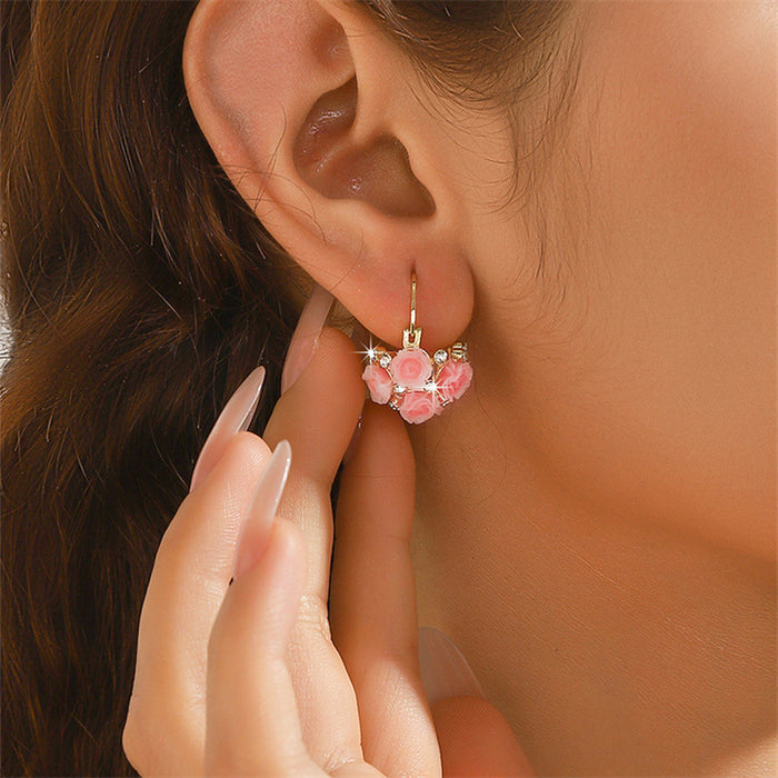 Wholesale French Dopamine Pink Basket Ear Clip Alloy Rhinestone Boutique MOQ≥2