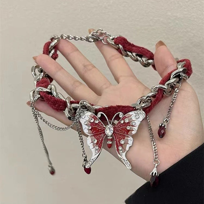 Wholesale Red Velvet Butterfly Tassel Clavicle Chain JDC-NE-NiQ001